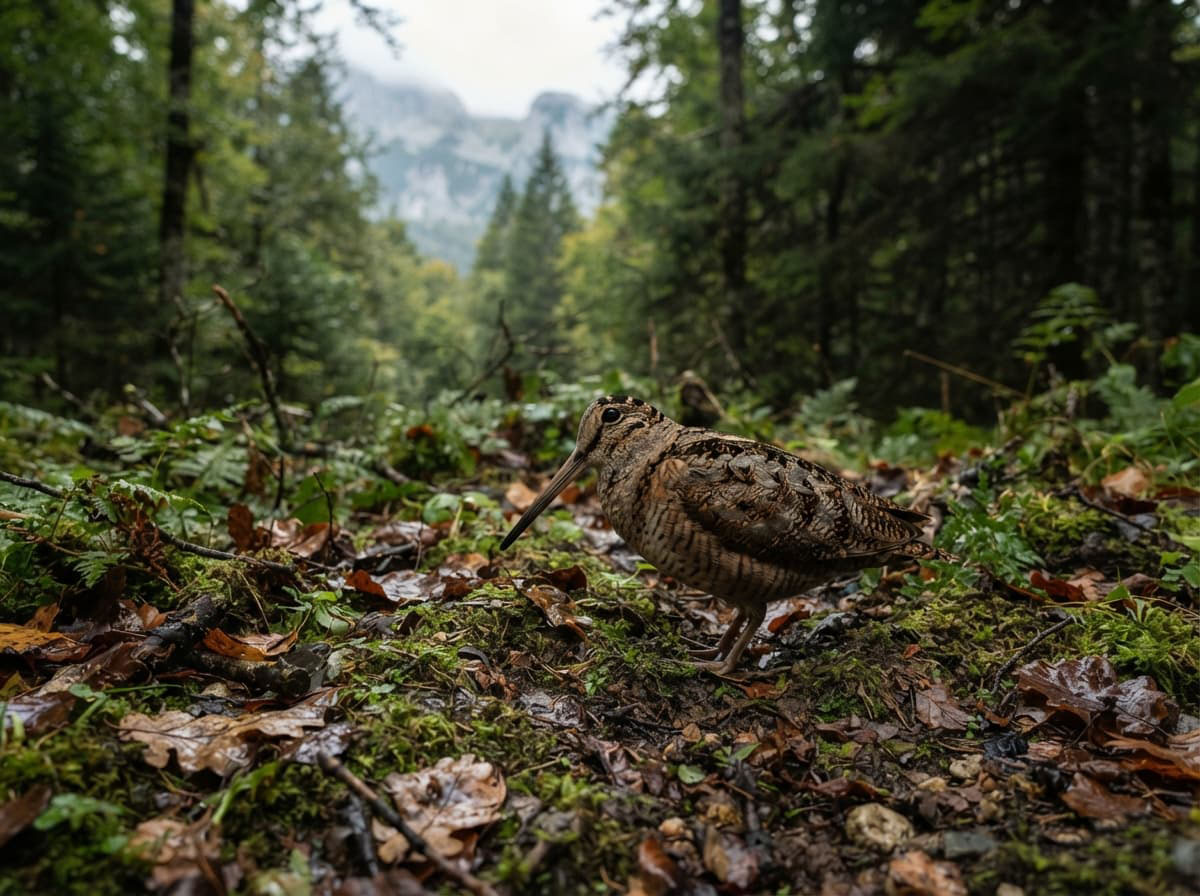 Waldschnepfe auf dem Waldboden in einem Bergwald