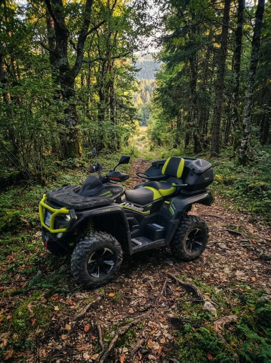 Quad auf einem Waldweg im Bergwald