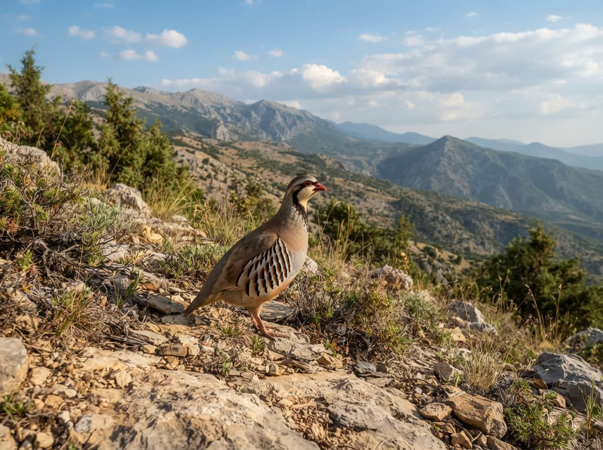 Steinhuhn auf Felsen über einem Bergtal