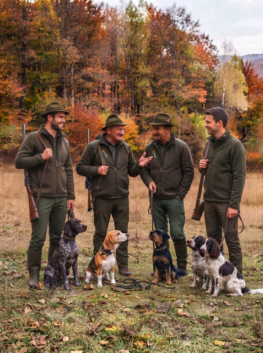 Vier Jäger mit ihren Jagdhunden im herbstlichen Wald