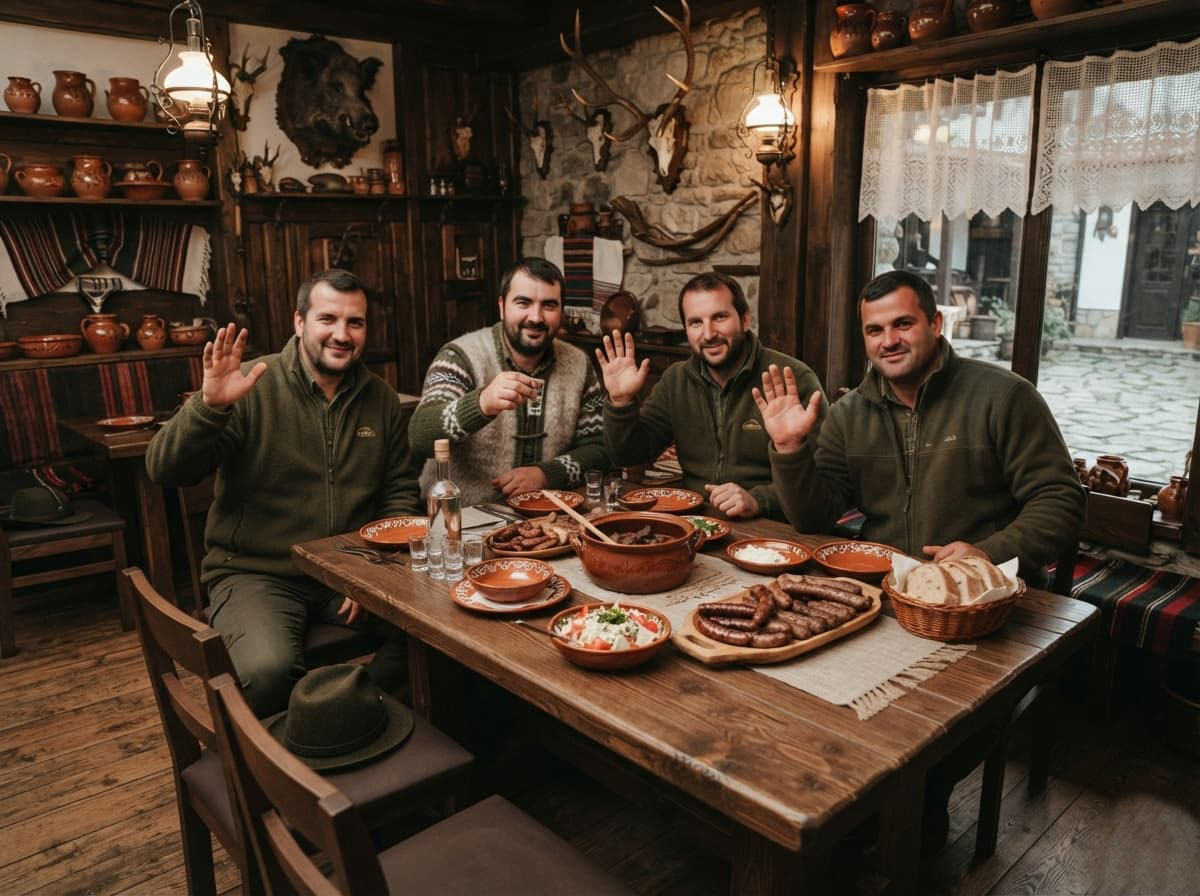 Jäger an einem gedeckten Tisch mit regionalen Gerichten in einem rustikalen Restaurant