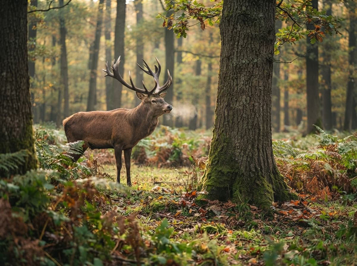 Rothirsch in einem herbstlichen Eichenwald