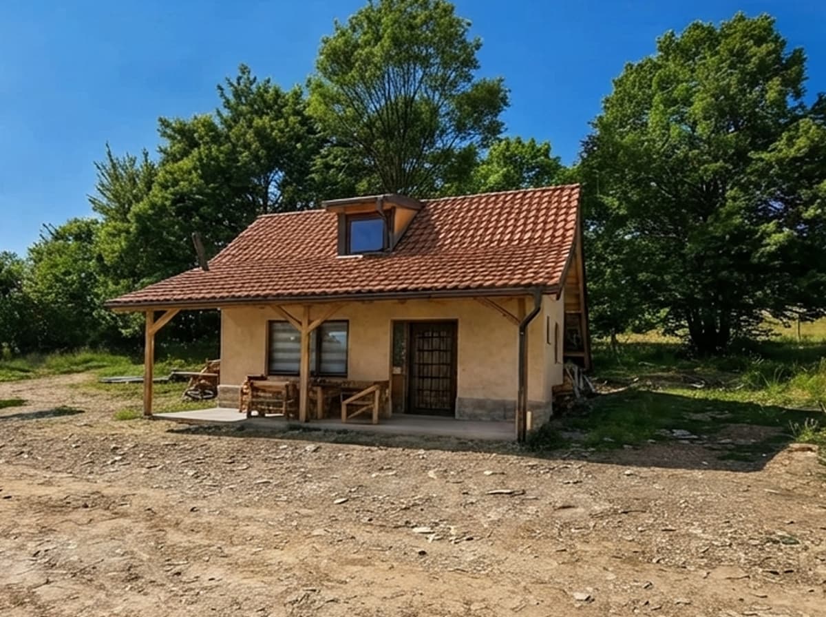 Berghütte mit Ziegeldach zwischen Bäumen am Veliki Jastrebac